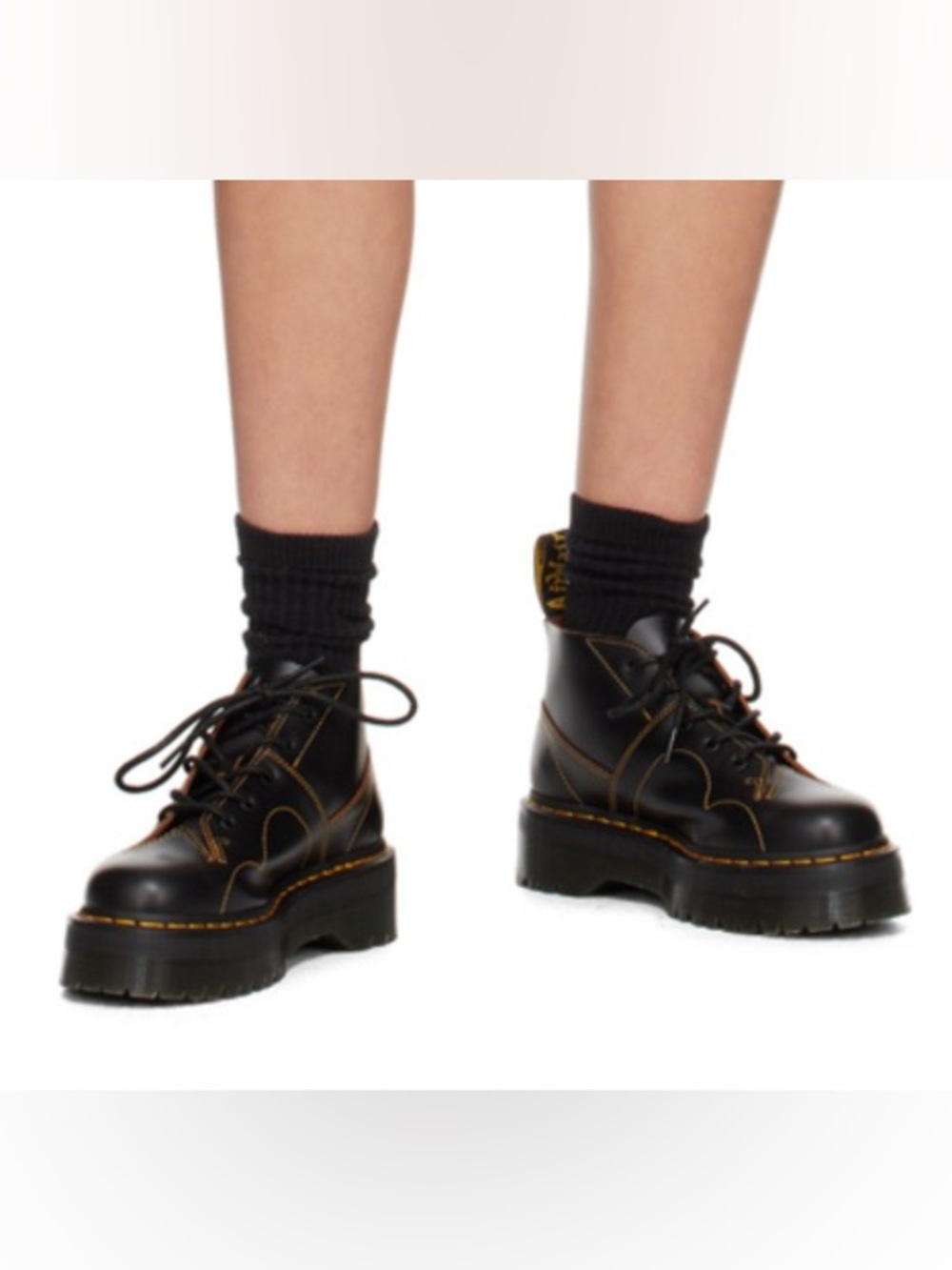 Dr. Martens Church Black Platform Lace-Up Boots with Yellow Stitching